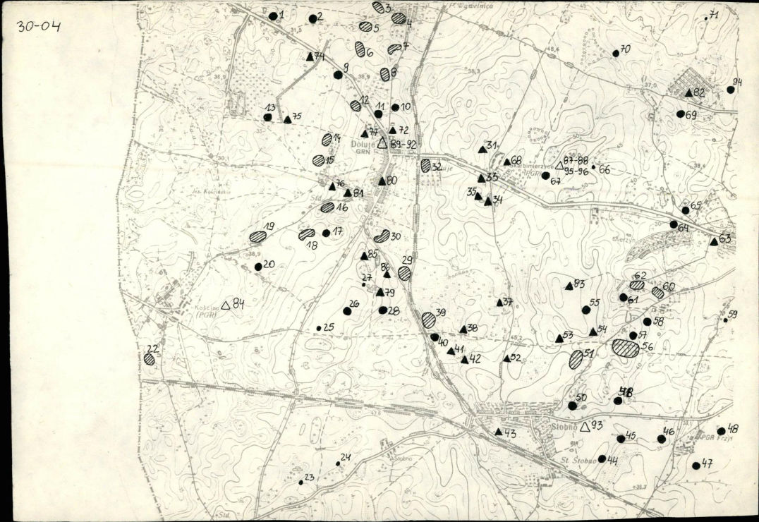 Mapa z zaznaczonymi stanowiskami archeologicznymi